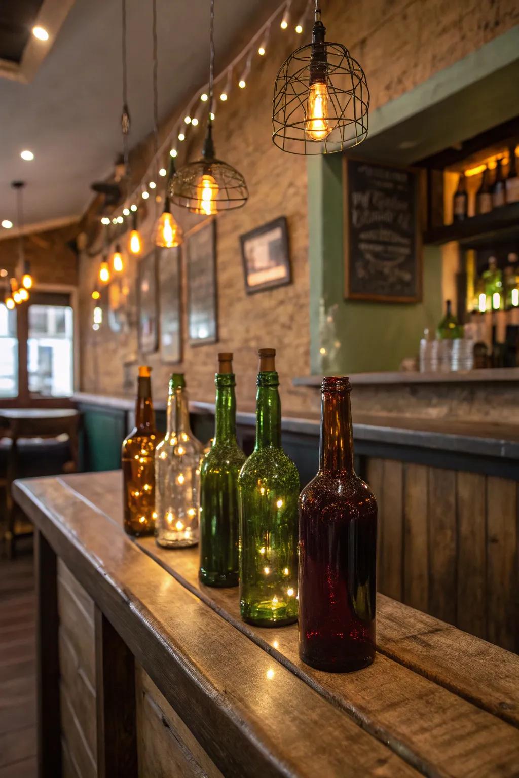Upcycled bottle lights add a unique and personal touch to your bar.
