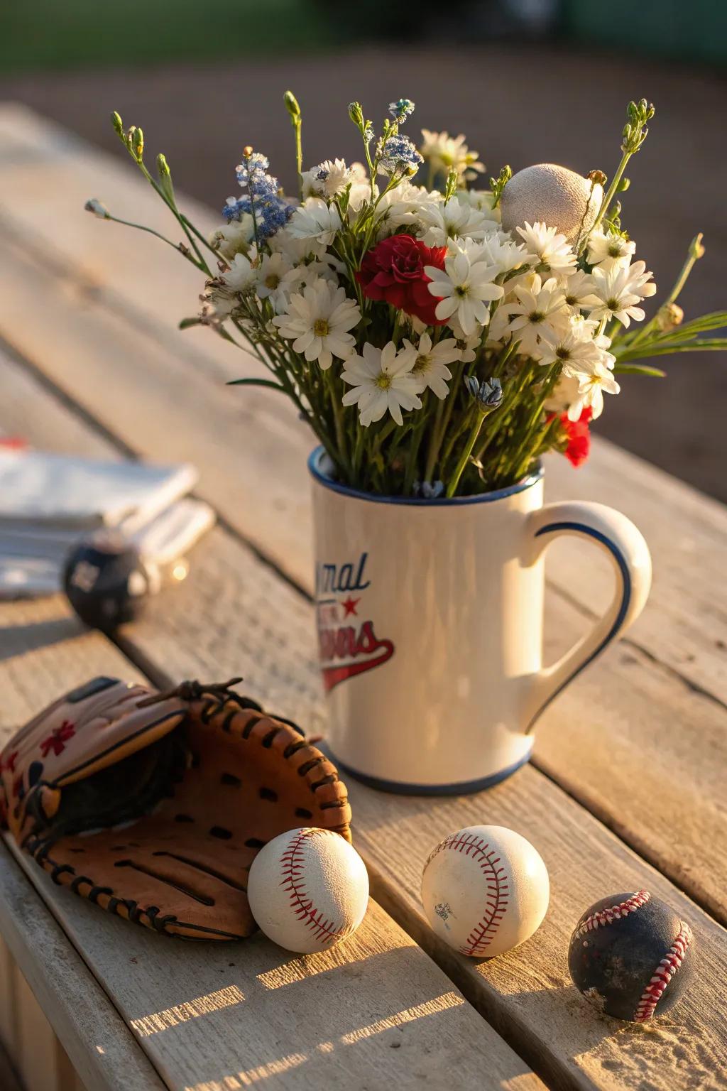 Combine practicality with charm using a baseball-themed mug of flowers.