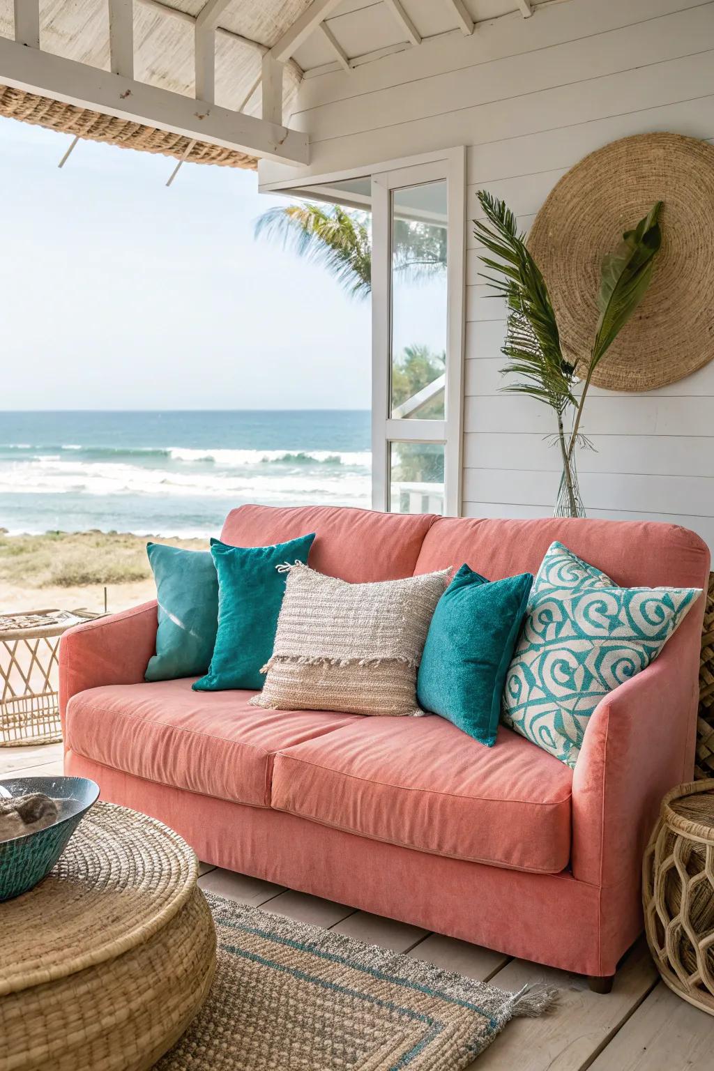 Capture the essence of coastal calm with a blush couch and oceanic hues.