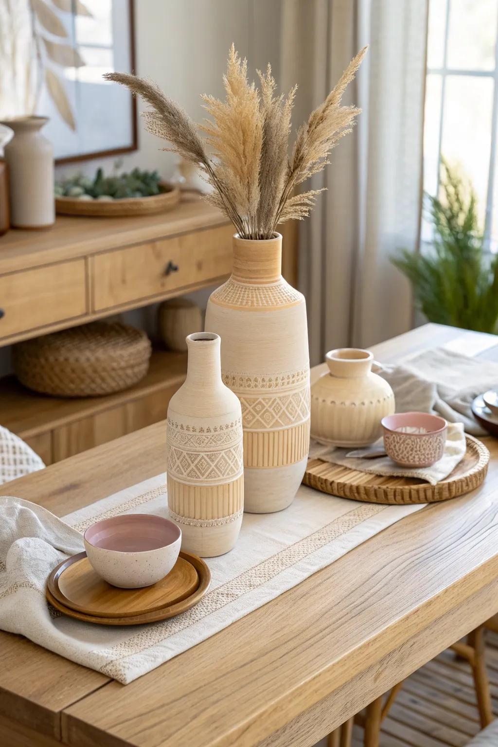 Group decor items in threes for a visually appealing buffet display.