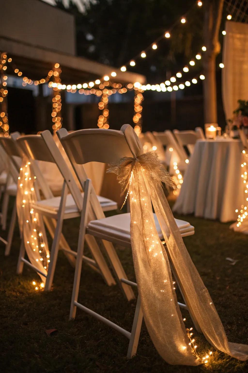 Illuminate your event with fairy lights that bring a magical glow to your seating.