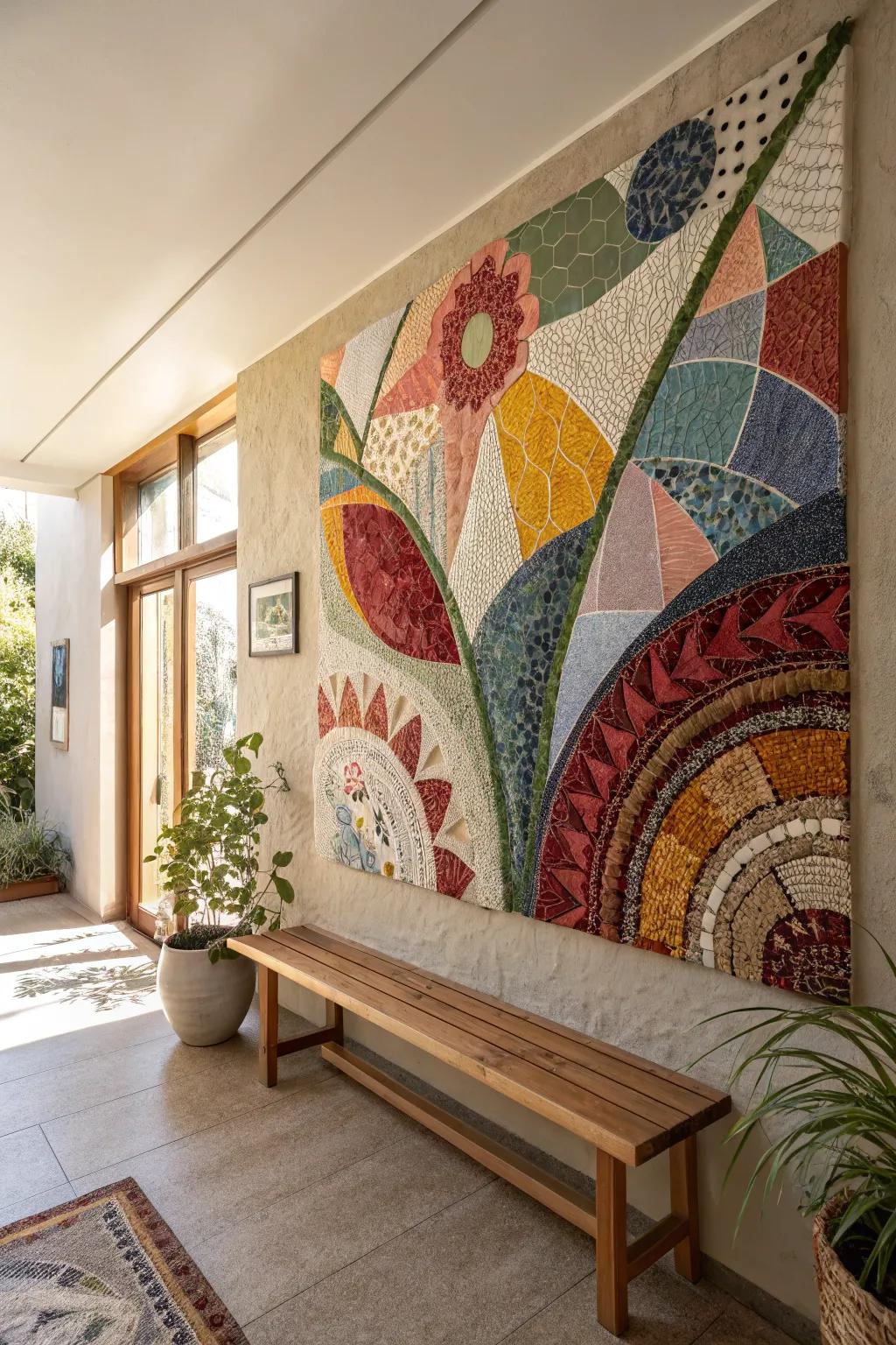Transform fabric scraps into a colorful mosaic for a unique wall statement.