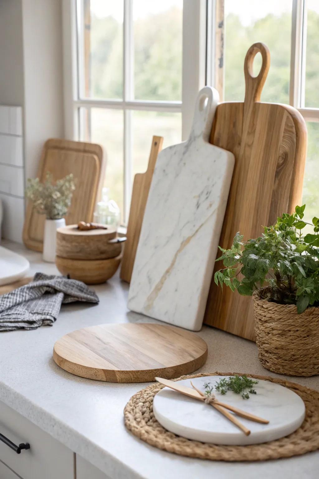 Combine natural stone with wood for an elegant and sophisticated cutting board display.