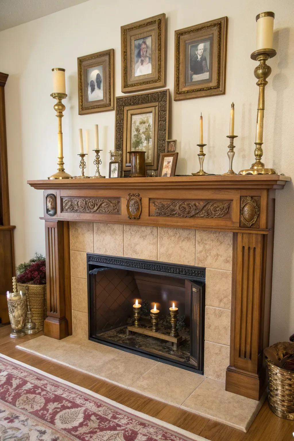 Embrace classic charm with a vintage mantel on your faux fireplace. 🕰️ #VintageDecor