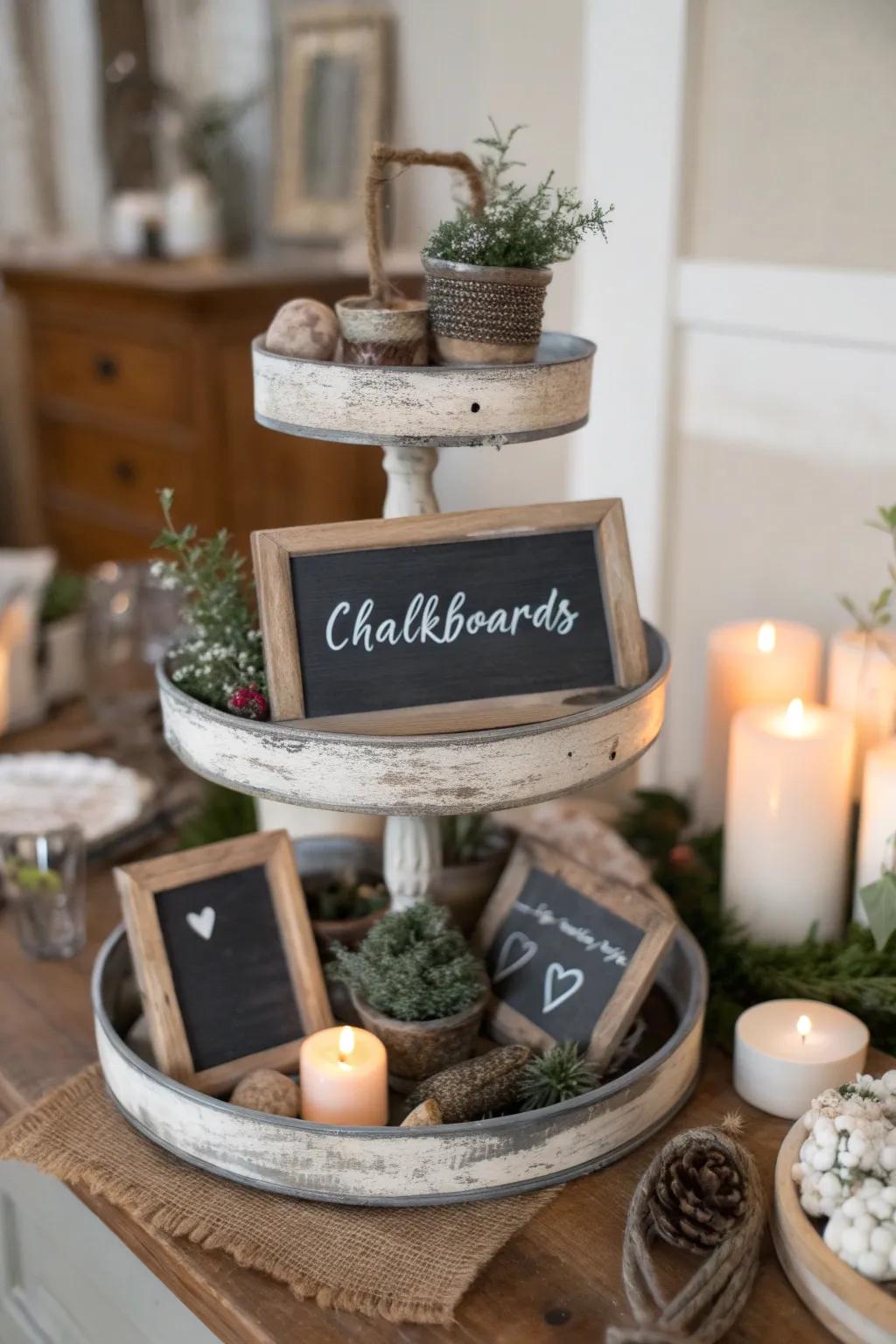 Get creative with mini chalkboards that let you customize your farmhouse tiered tray.