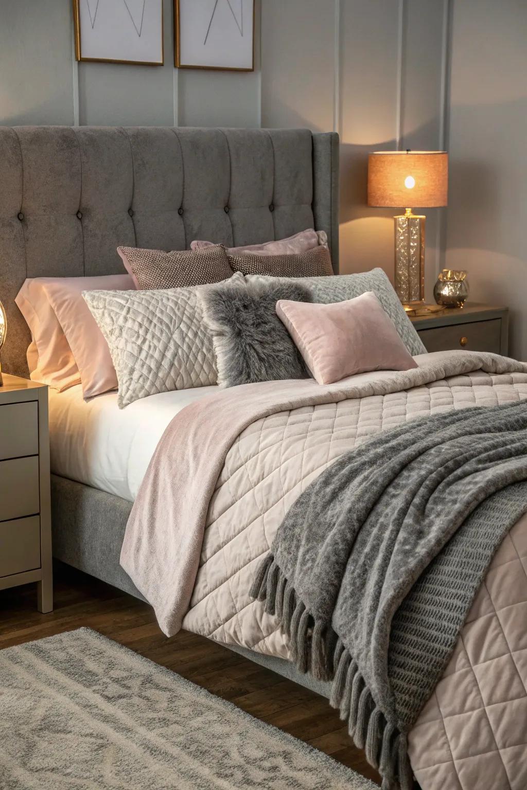 Layer textures in your bedding for a plush and inviting grey bedroom.