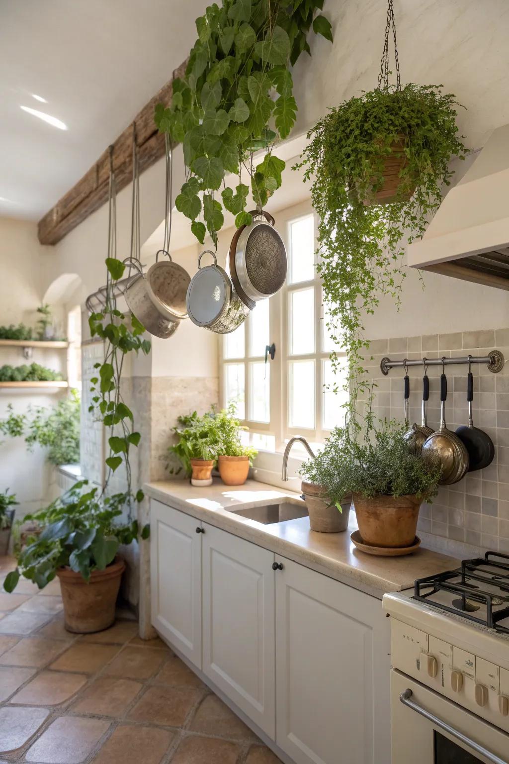 Greenery and pots together create a refreshing kitchen vibe.