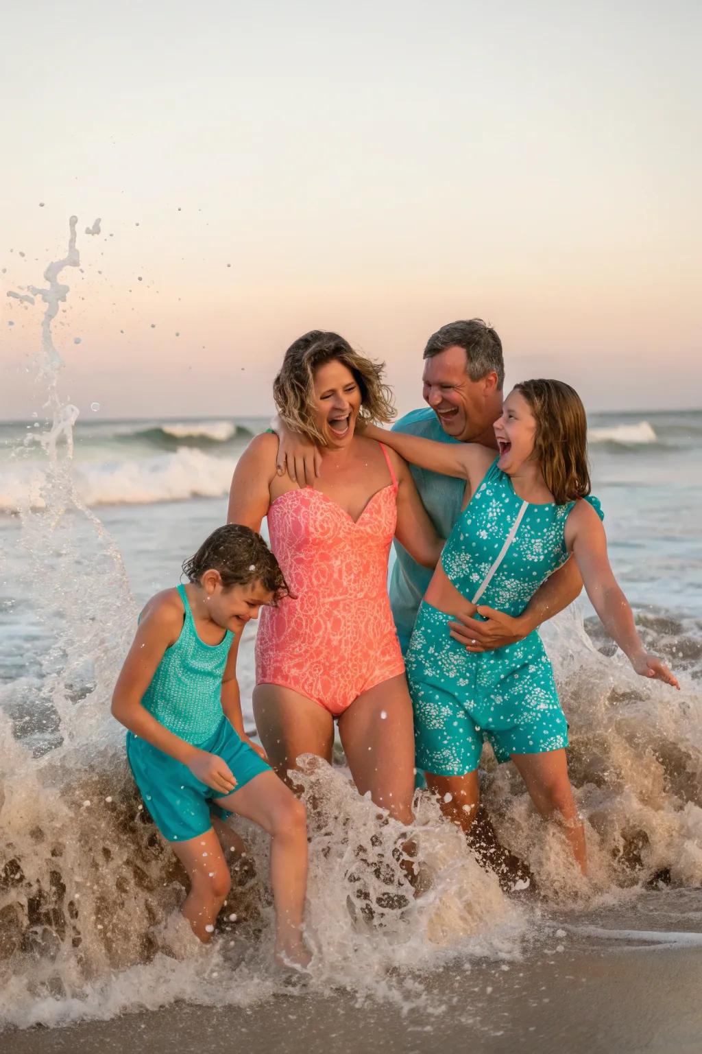 Matching swimwear adds a playful and unique touch to your beach photos.
