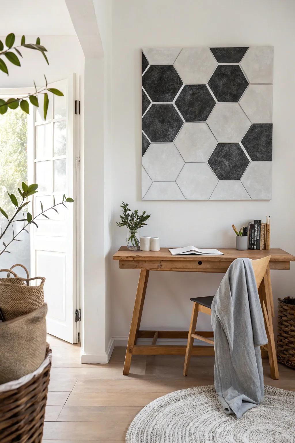 Achieve timeless elegance with monochrome hexagon art that’s effortlessly chic.