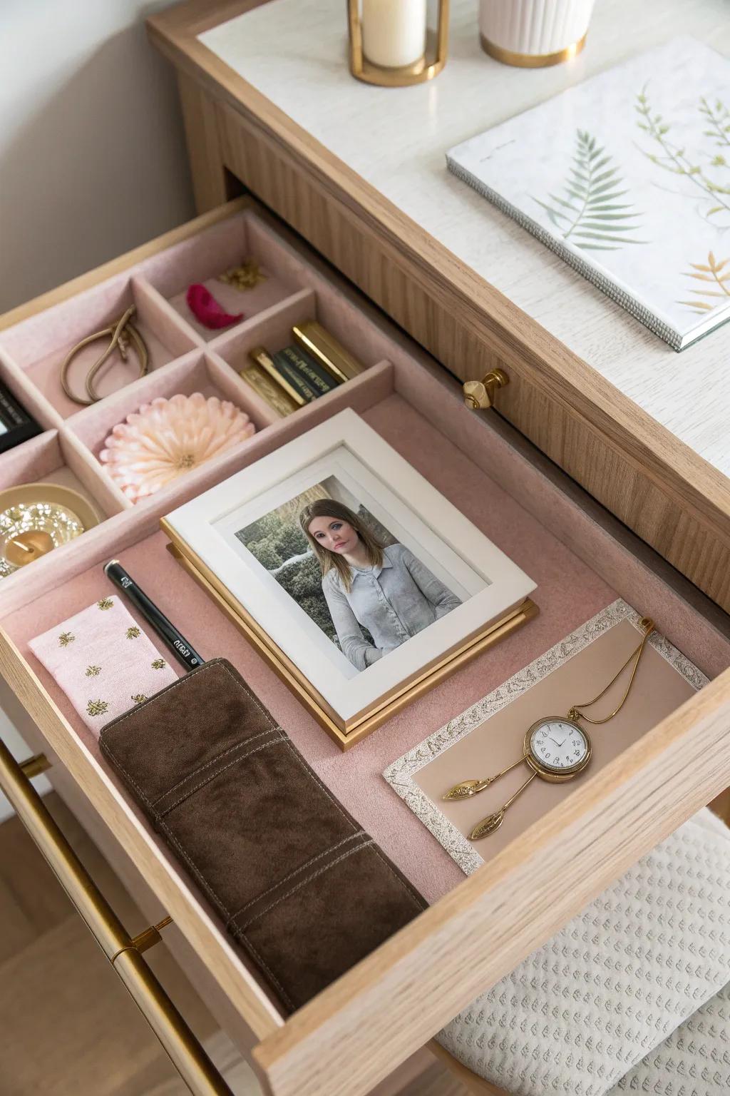 Personal touches in your drawer add warmth and inspiration to your day. 🖼️ #PersonalizeYourSpace #Inspiration