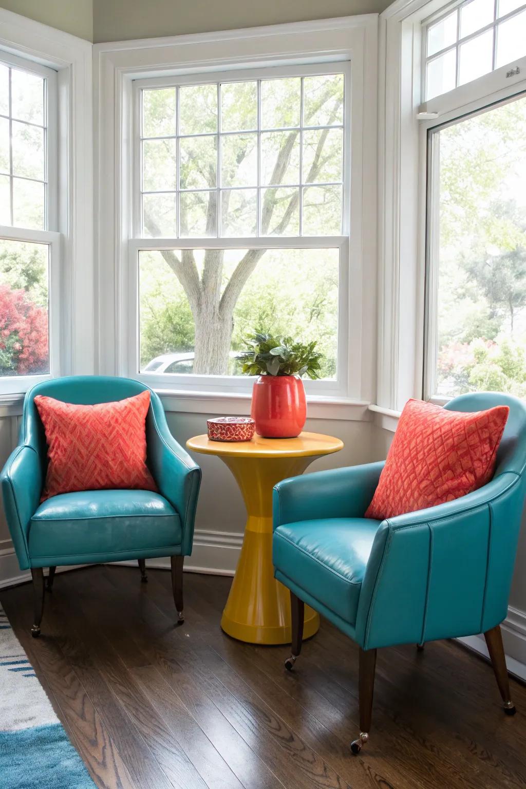 Accent chairs and a side table make for a chic and practical bay window arrangement.
