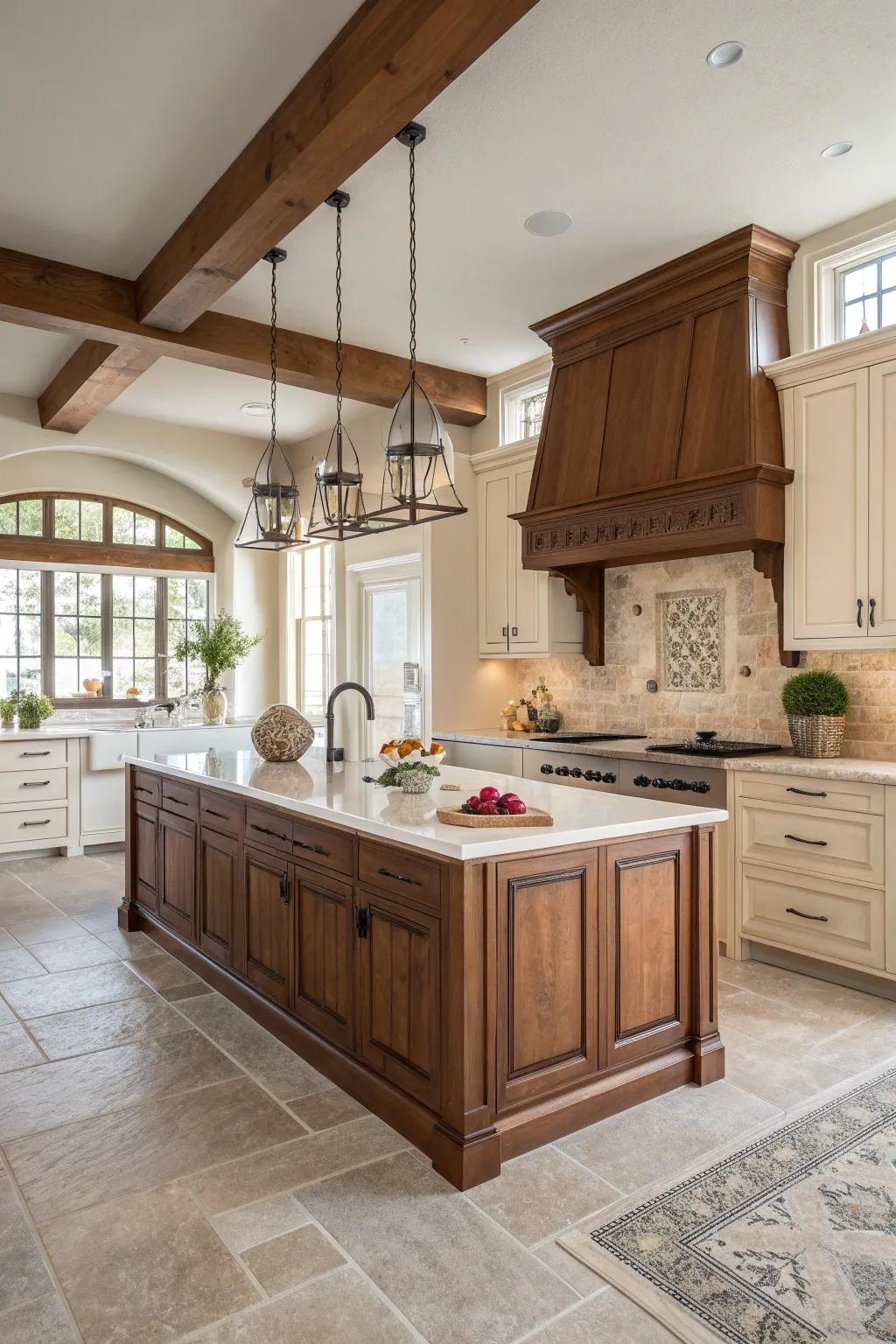 Make a statement with a contrasting kitchen island that complements your brown cabinets.