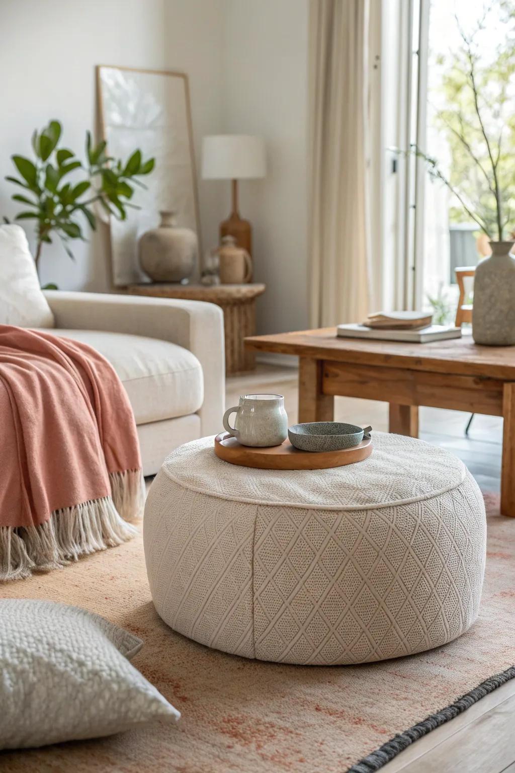 Introduce softness with round ottomans in your living space.