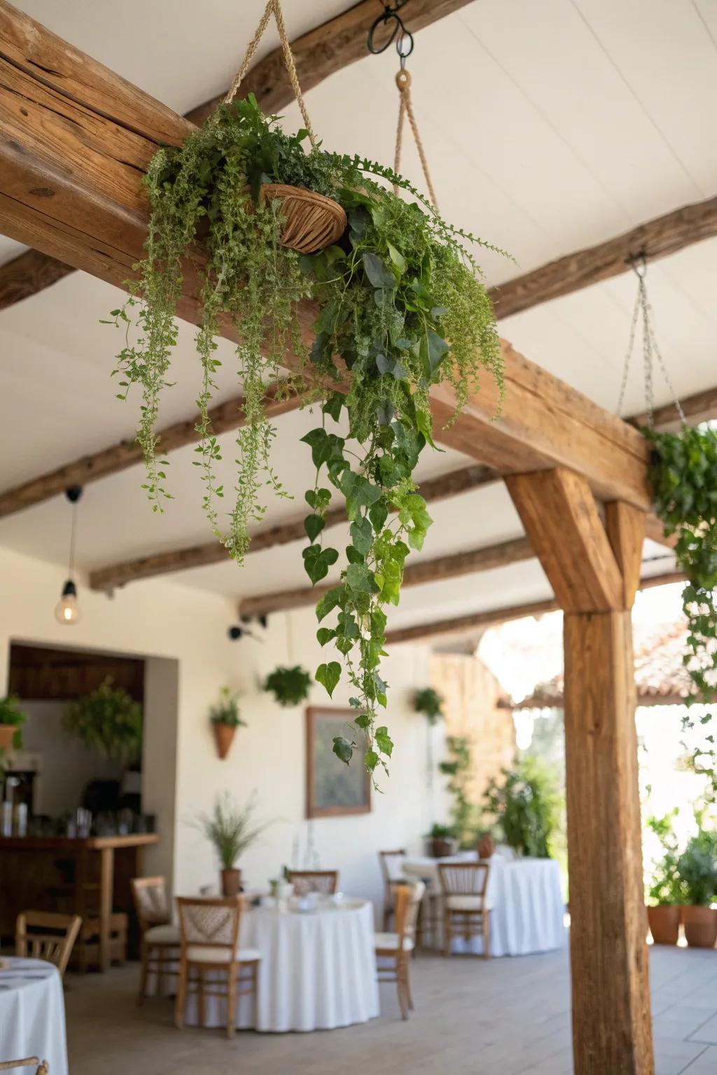 Bring life to your home by decorating beams with lush greenery and hanging plants.
