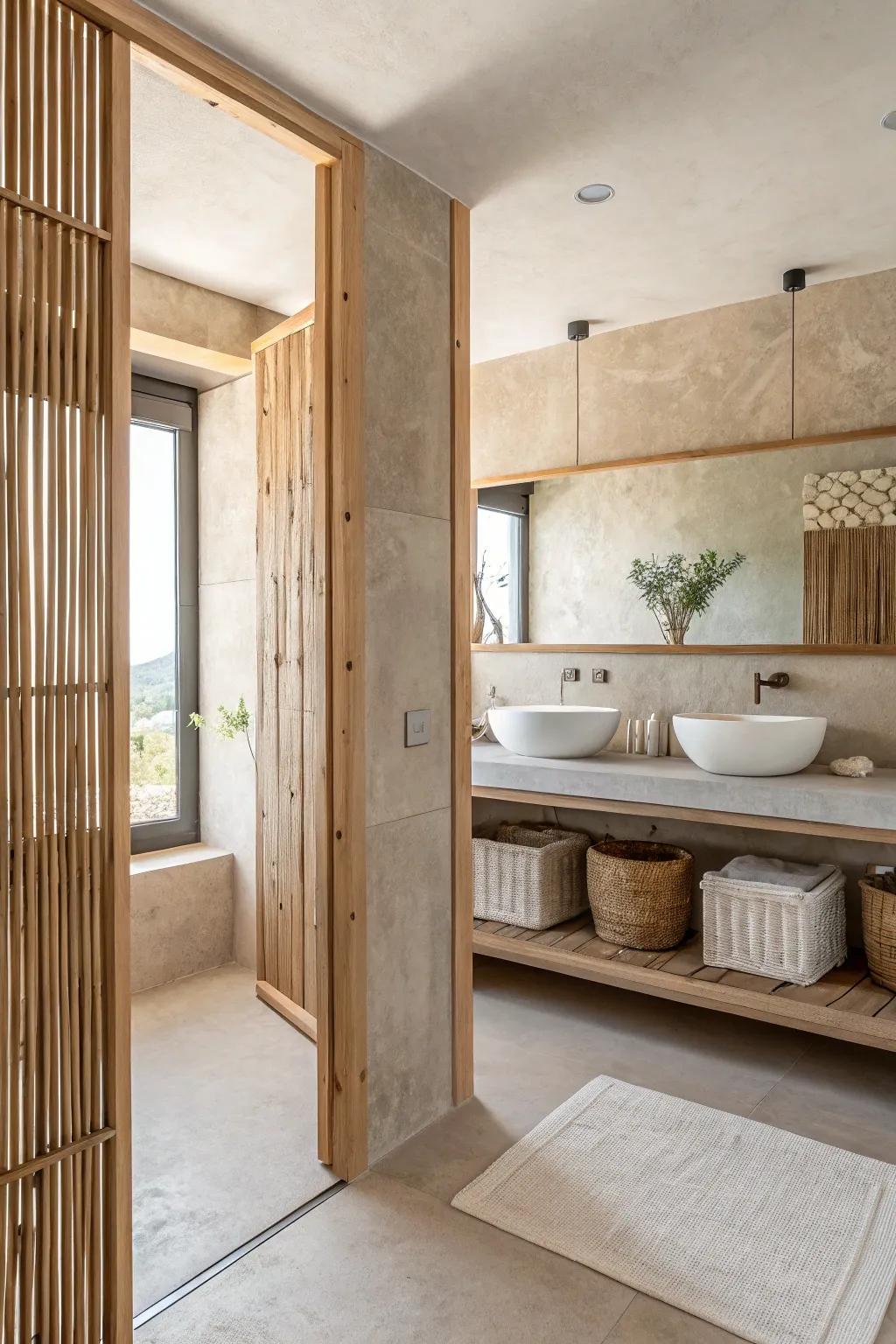 Define spaces effortlessly with microcement dividers for a functional and modern bathroom layout.