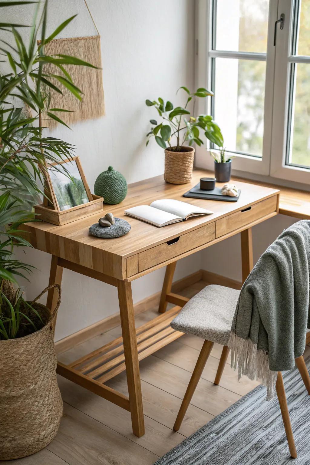 Bring nature indoors with materials that add warmth and texture to your office.
