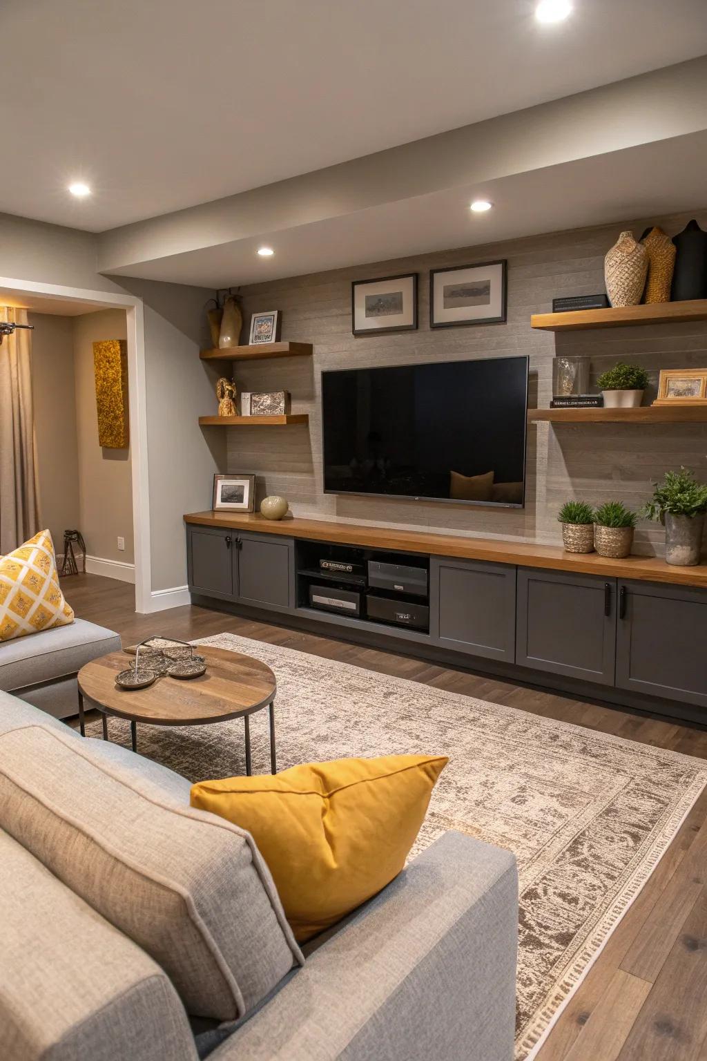 Floating furniture gives your TV room a fresh, contemporary feel.