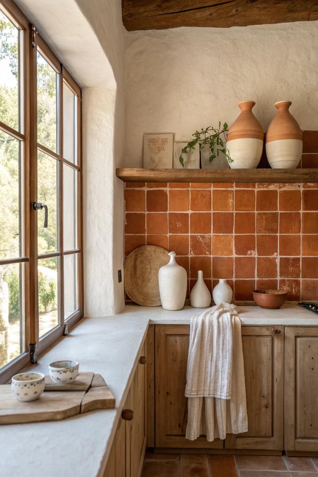 Embrace earthy warmth with a terracotta backsplash that grounds your kitchen in cozy style.