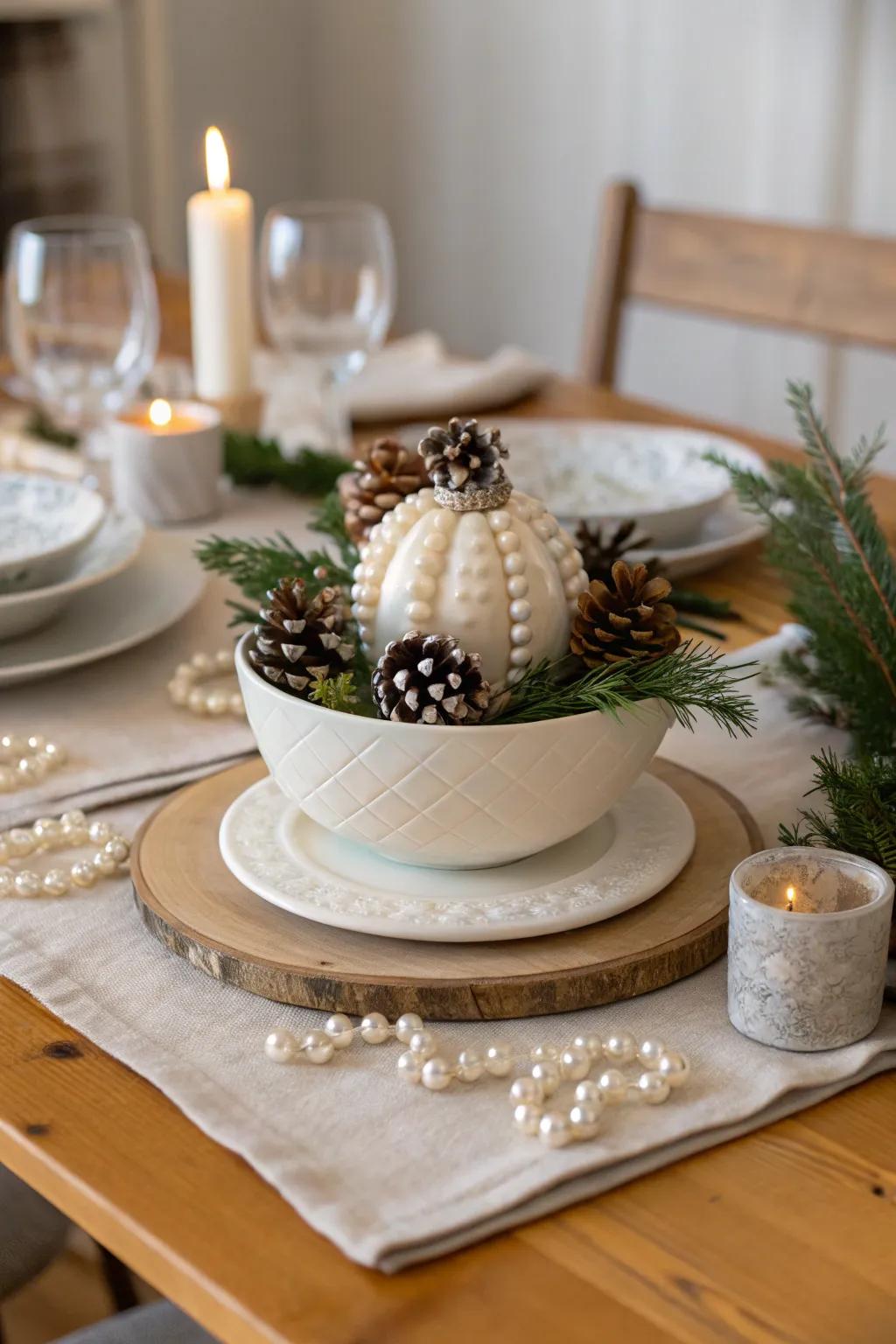 Create a festive atmosphere with seasonal elements and pearls. 🎄 #WinterDecor #FestiveCenterpiece