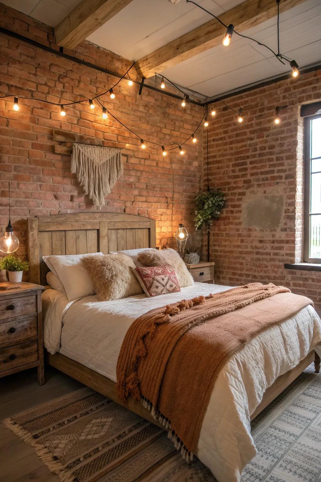 Exposed bricks add an industrial yet rustic edge to your bedroom.