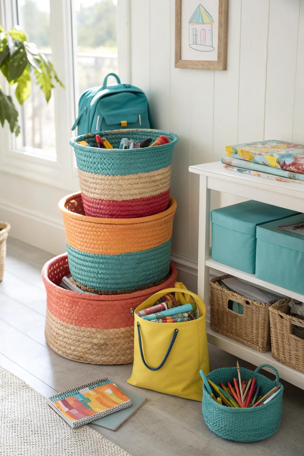 Stylish baskets offer a chic way to organize school bags and more.