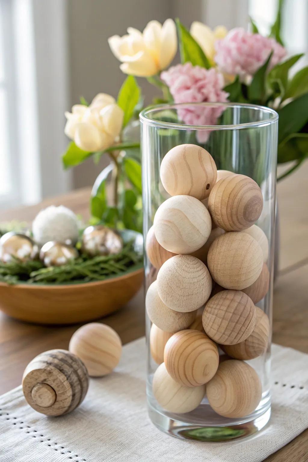 Add rustic elegance to your spring decor with textured wooden spheres.
