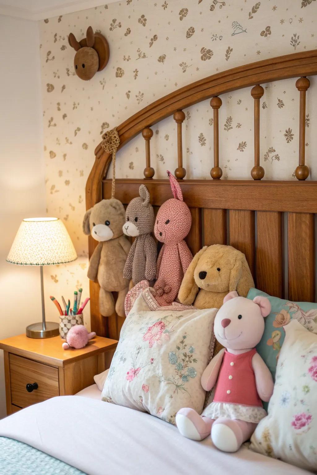 Dream sweetly with plushies adorning your bed frame for a cozy night!