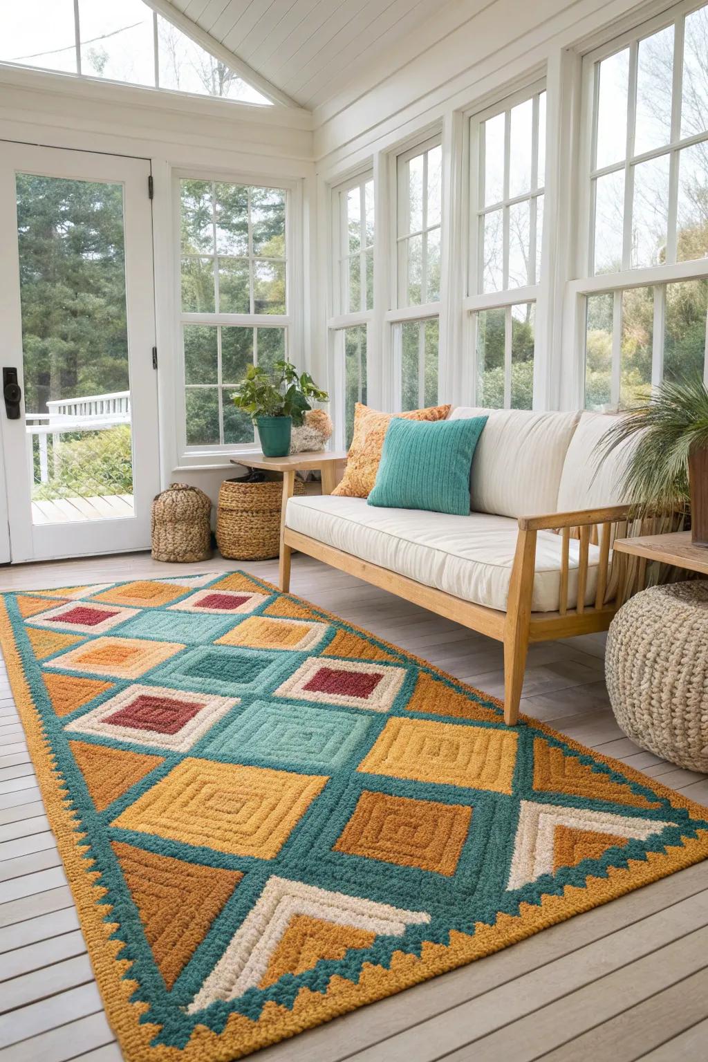 Inject energy into your sunroom with bold rug colors that make the space feel vibrant and alive.