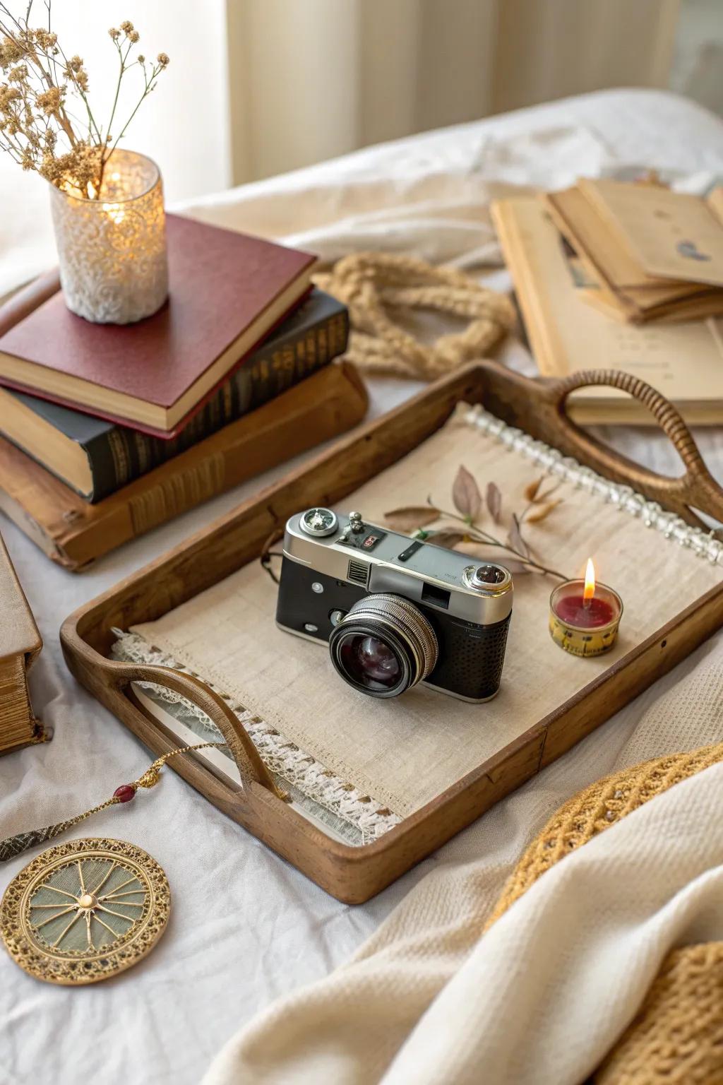 Add a nostalgic touch to your decor with a vintage-inspired tray display that tells a story.