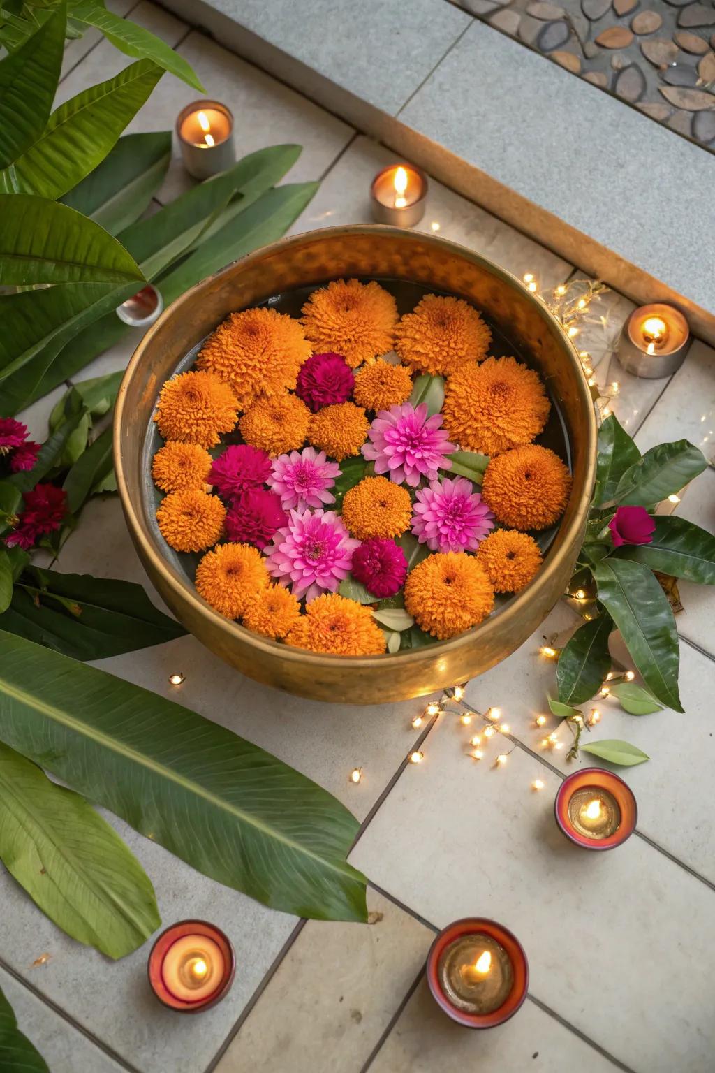 Add an elegant touch with brass urulis filled with floating flowers or candles.
