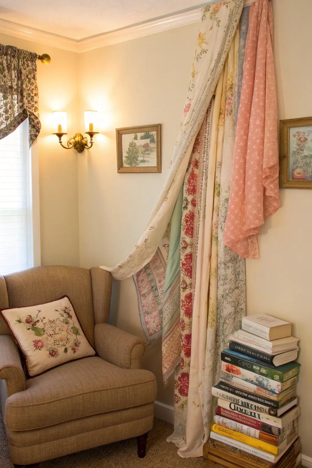 Add a nostalgic touch with a valance made from vintage scarves, perfect for cozy nooks.