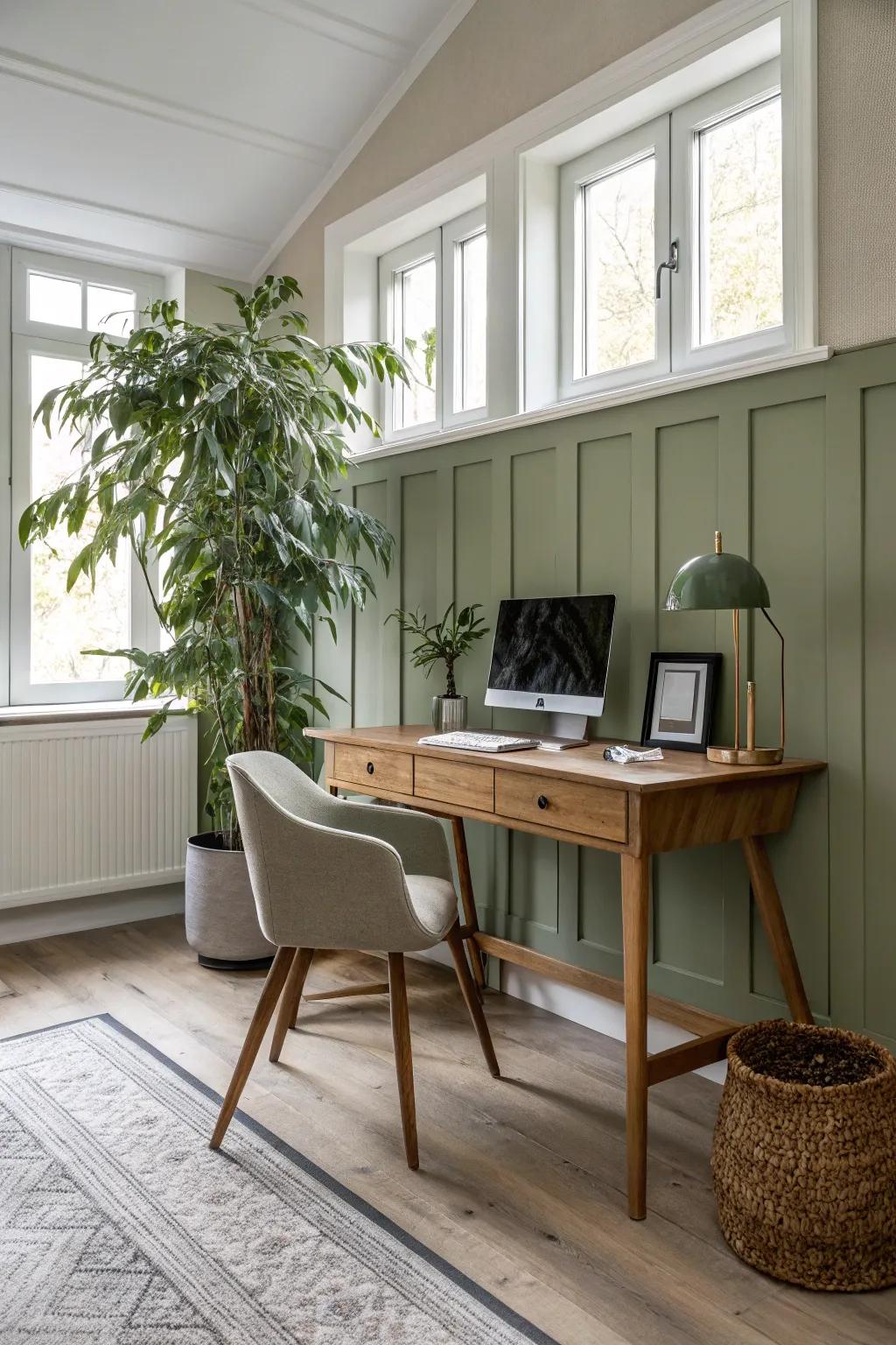 Dare to be different by mixing wainscoting heights for a dramatic office.