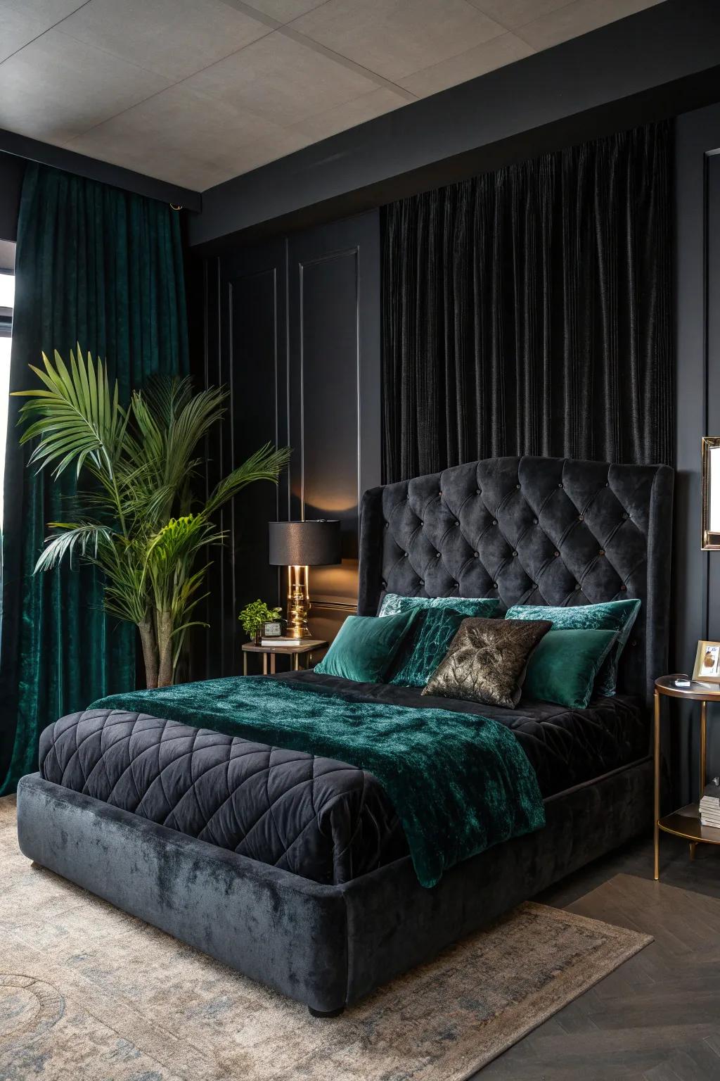 Velvet textures bring warmth and elegance to your all-black bedroom, inviting you to unwind.