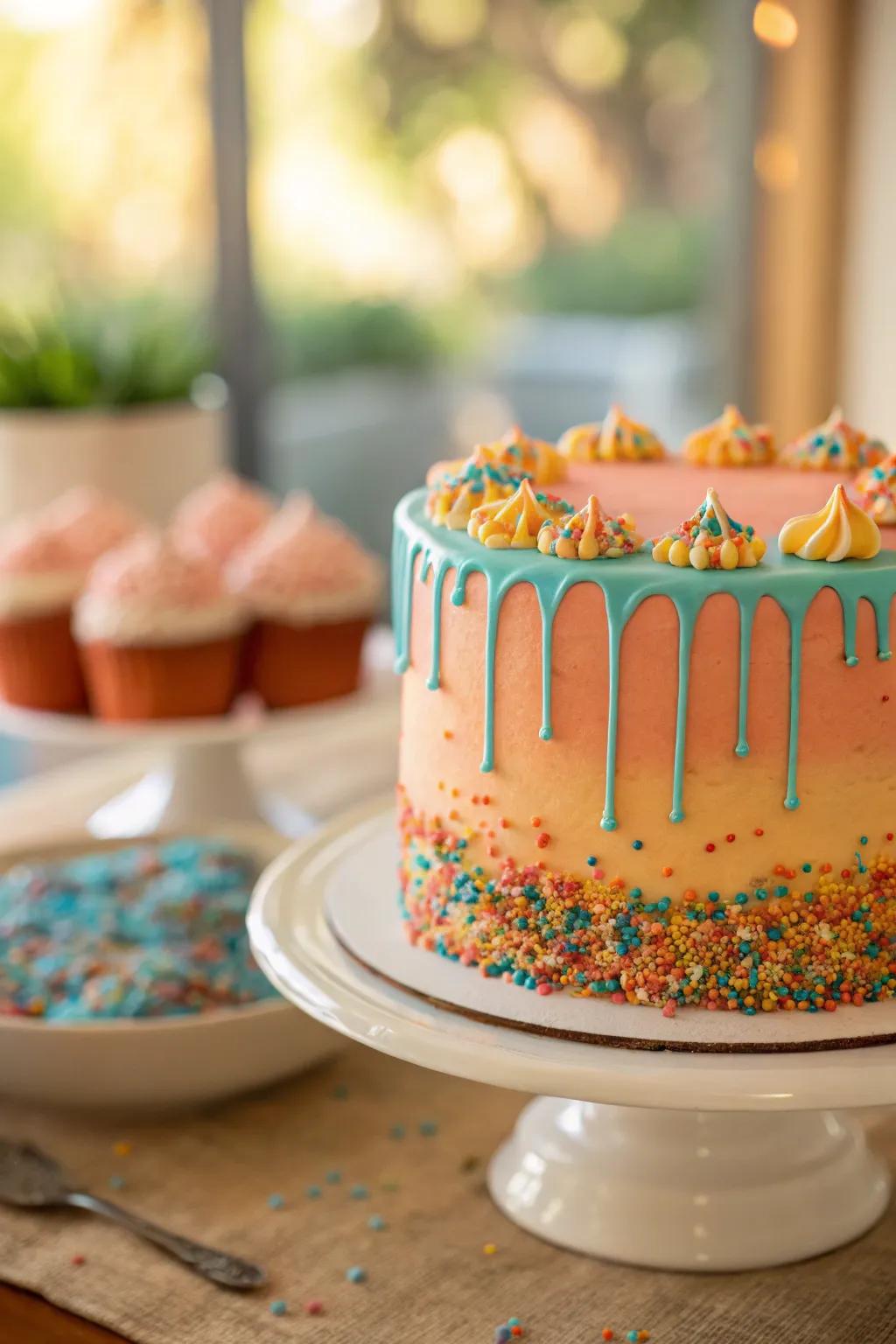 A sprinkle drip cake adds drama and elegance to any dessert table.
