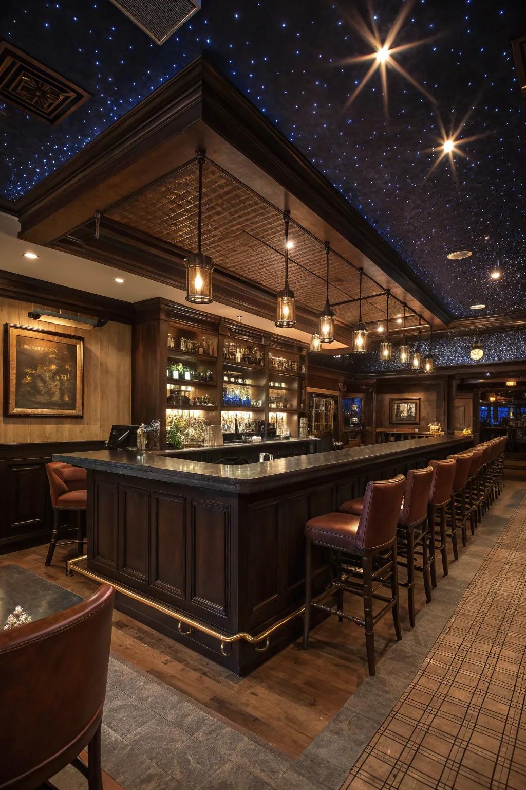 Fiber optic lighting transforms your bar into a starry night wonder.