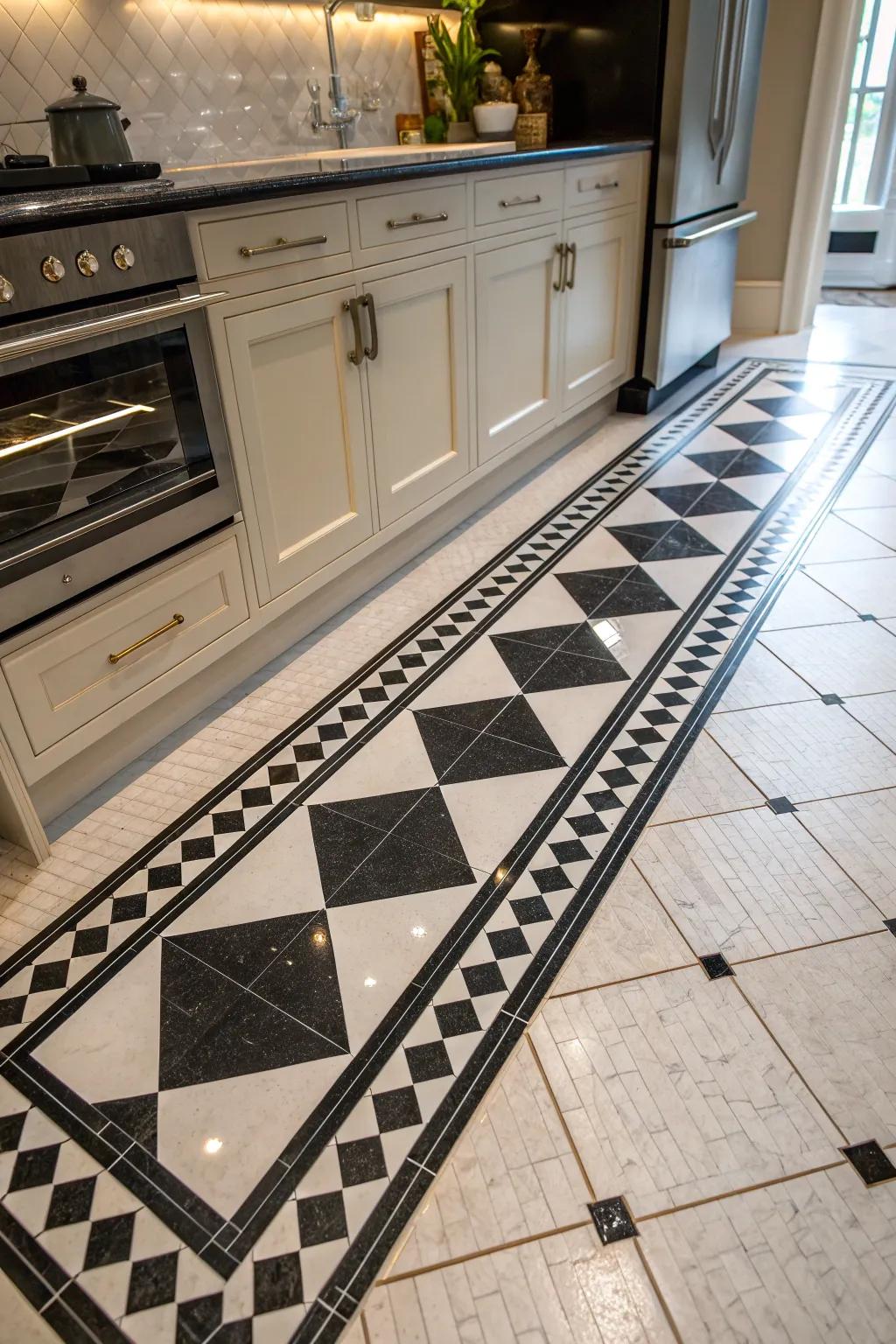 Define your kitchen space with dynamic border tiles that offer a structured aesthetic. #BorderTiles #ElegantDesign #KitchenInspiration