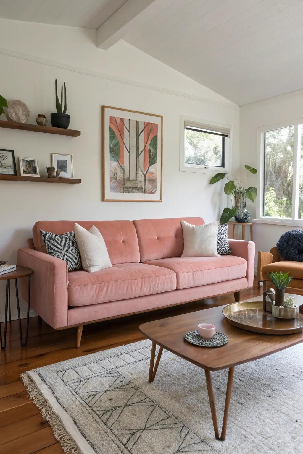 Blend mid-century charm with modern elegance using a blush couch centerpiece.