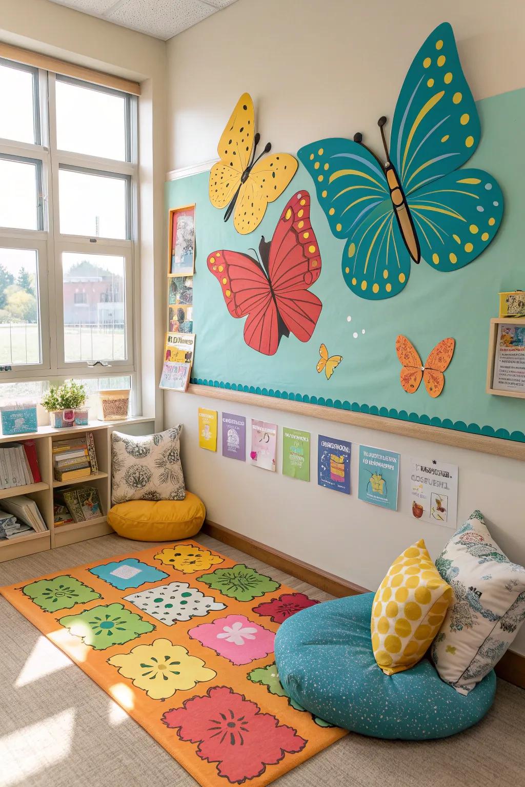 Create a reading haven with a butterfly-themed nook that invites exploration and learning.