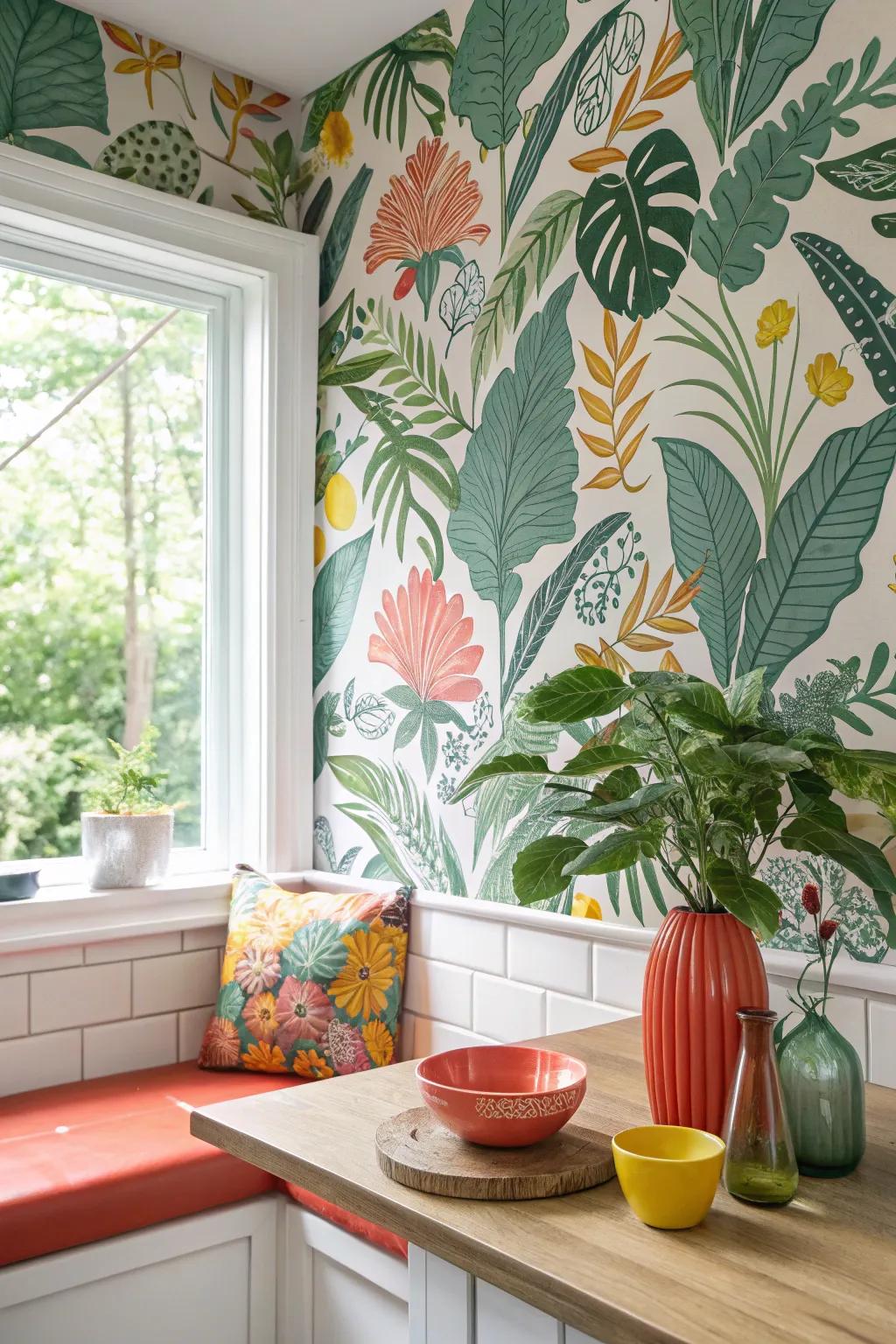 Lush botanical wallpapers create a garden oasis within your home.