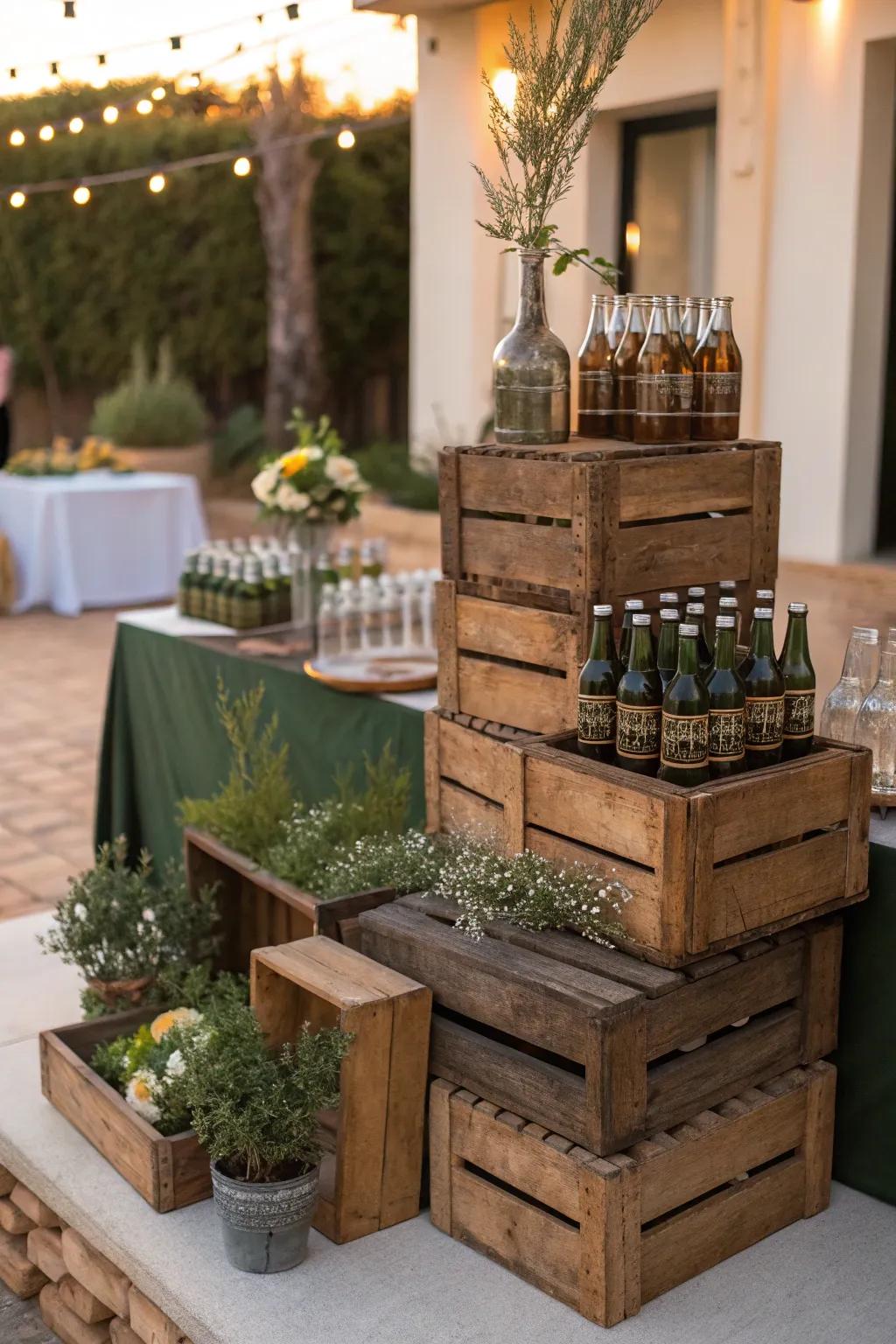 Rustic crates add height and a touch of farmhouse charm to your drink display.