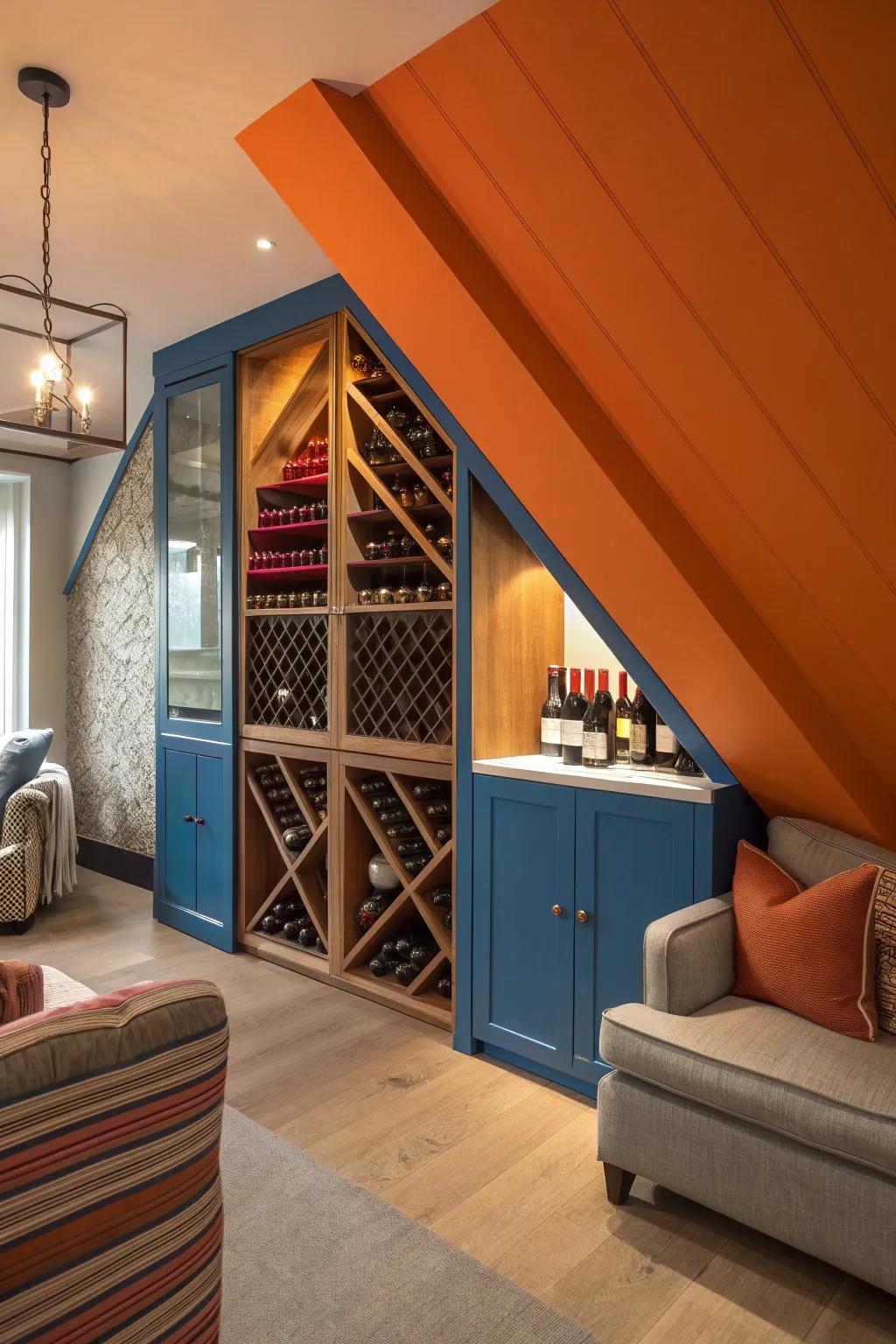 Elevate your home with elegant wine storage under the eaves, perfect for showcasing your collection.