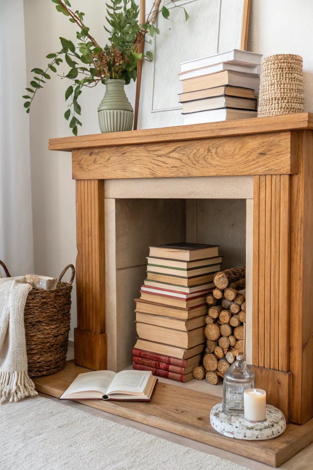Showcase your favorite reads with a book display in your faux fireplace. #BookLovers