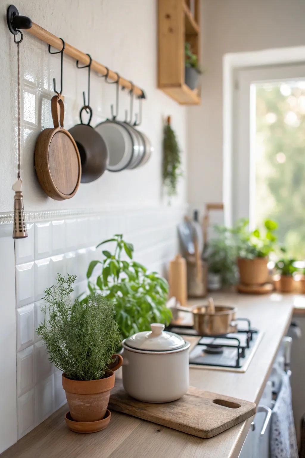 Magnetic strips provide a clever way to store pot lids efficiently.