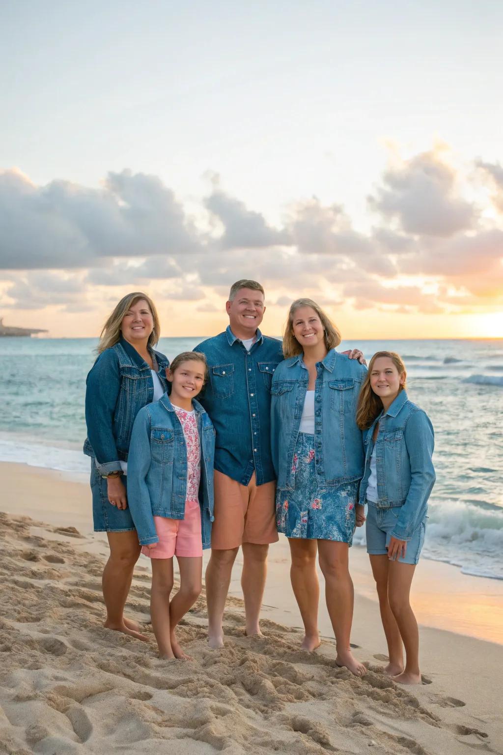 Denim accents provide a casual and timeless touch to your beach photos.
