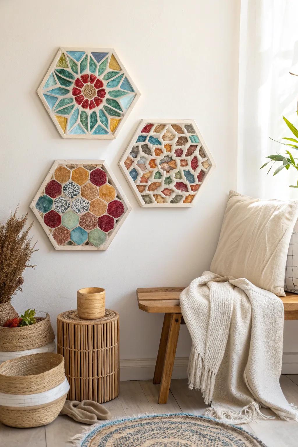 Craft a stunning mosaic hexagon that dances with light and color.