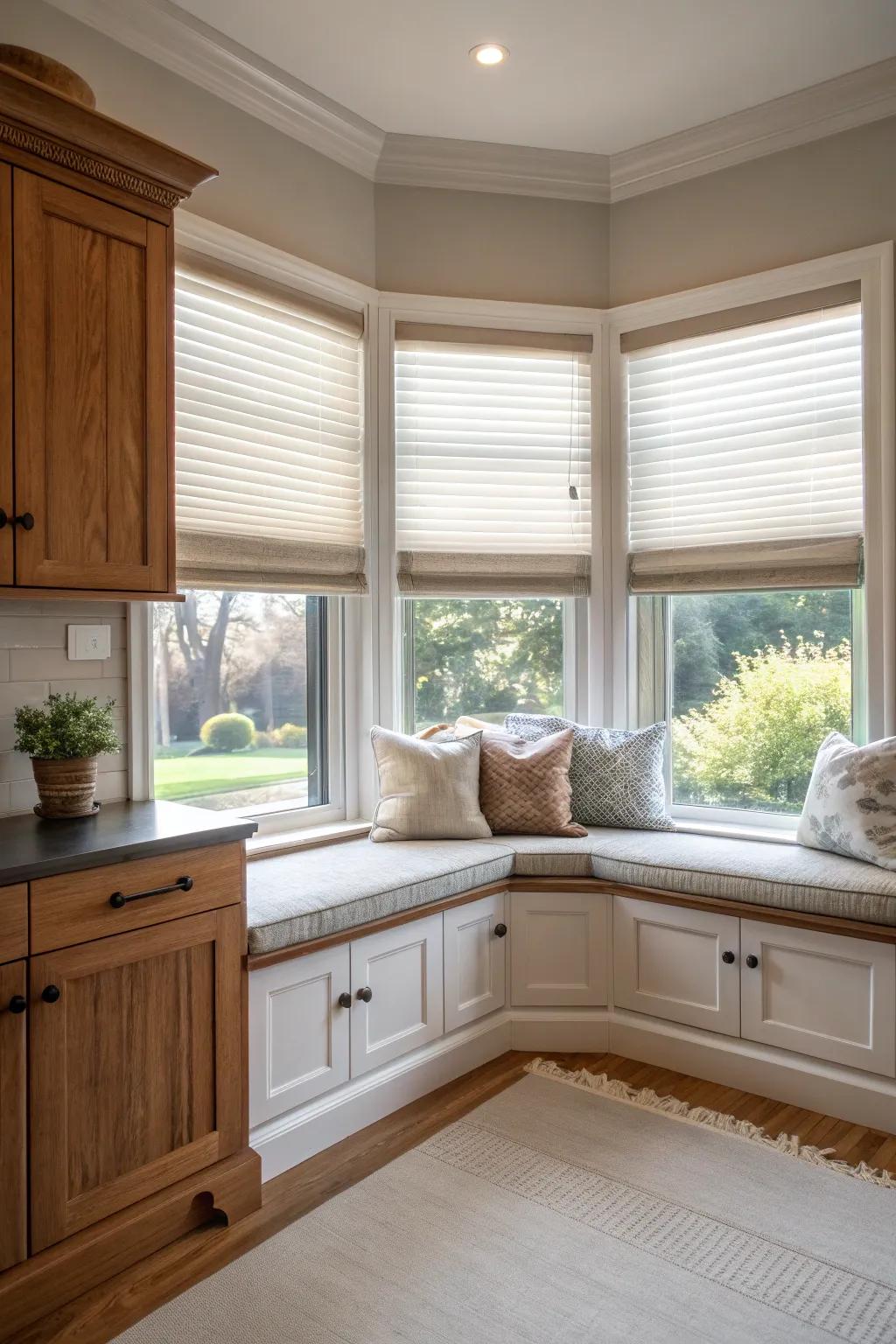 Modern blinds add a touch of sleek sophistication to your bay window seating area.