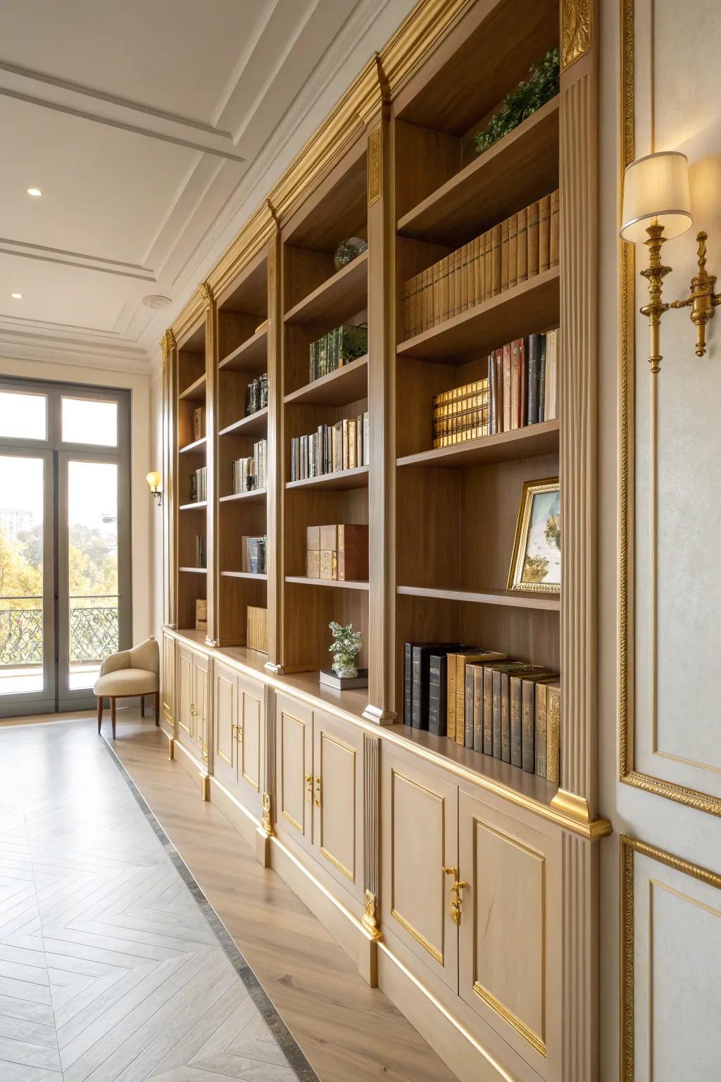 Infuse your library with luxury using gold accents that transform your shelves into a sophisticated statement.