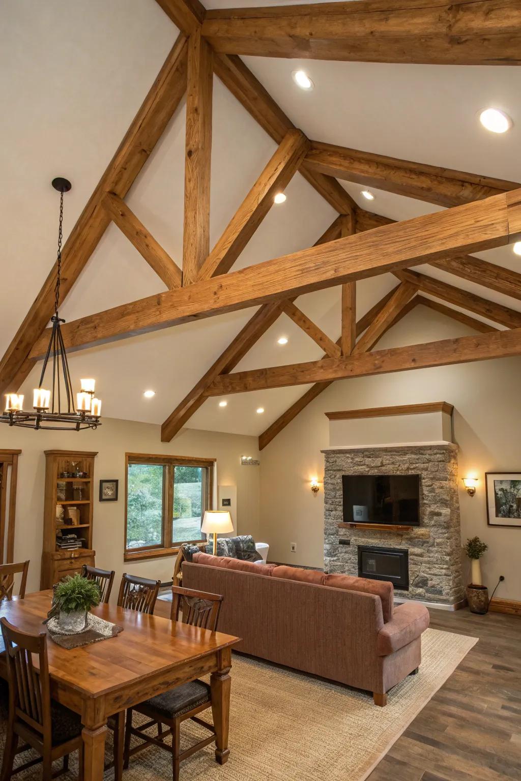 Achieve the charm of beams with faux installations that are purely decorative.