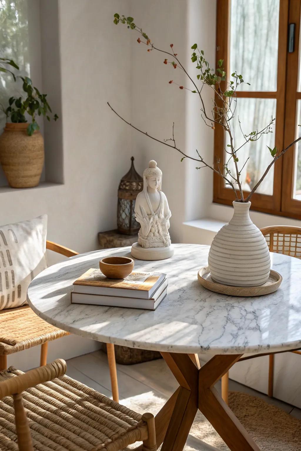 Express your style with artistic sculptures that add a unique flair to your marble table.