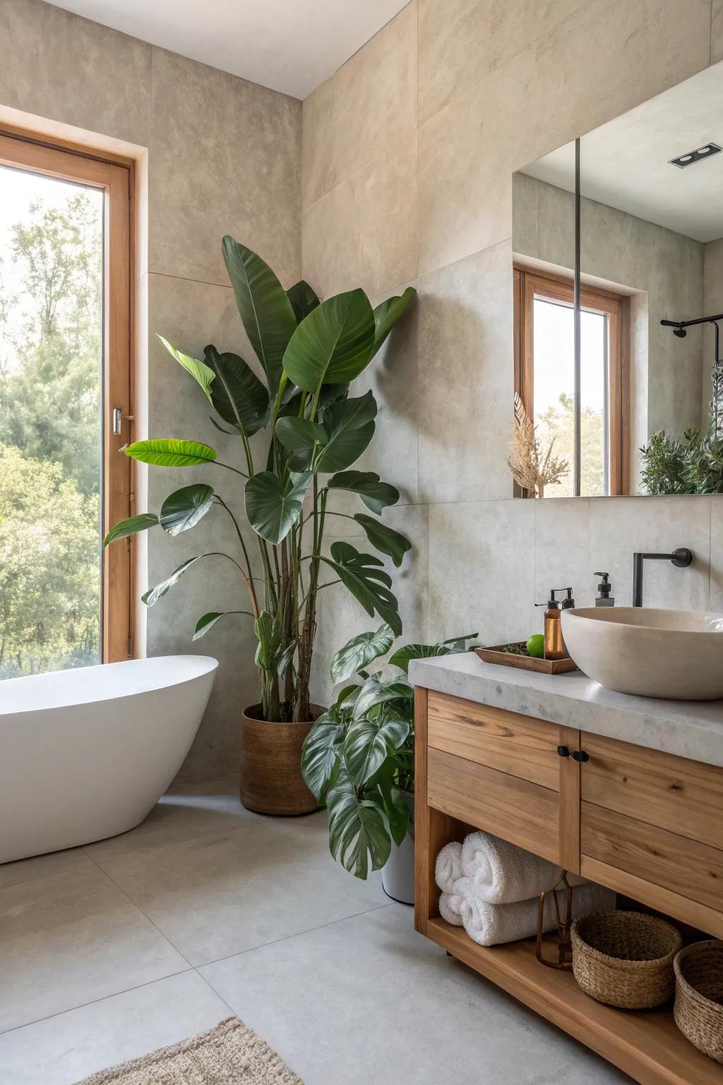 Infuse life into your microcement bathroom with lush greenery for a refreshing touch.